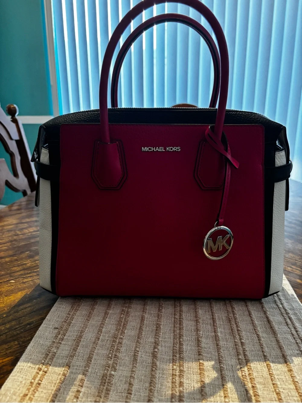 Michael Kors Red, White and Black Leather Satchel with MK Charm
